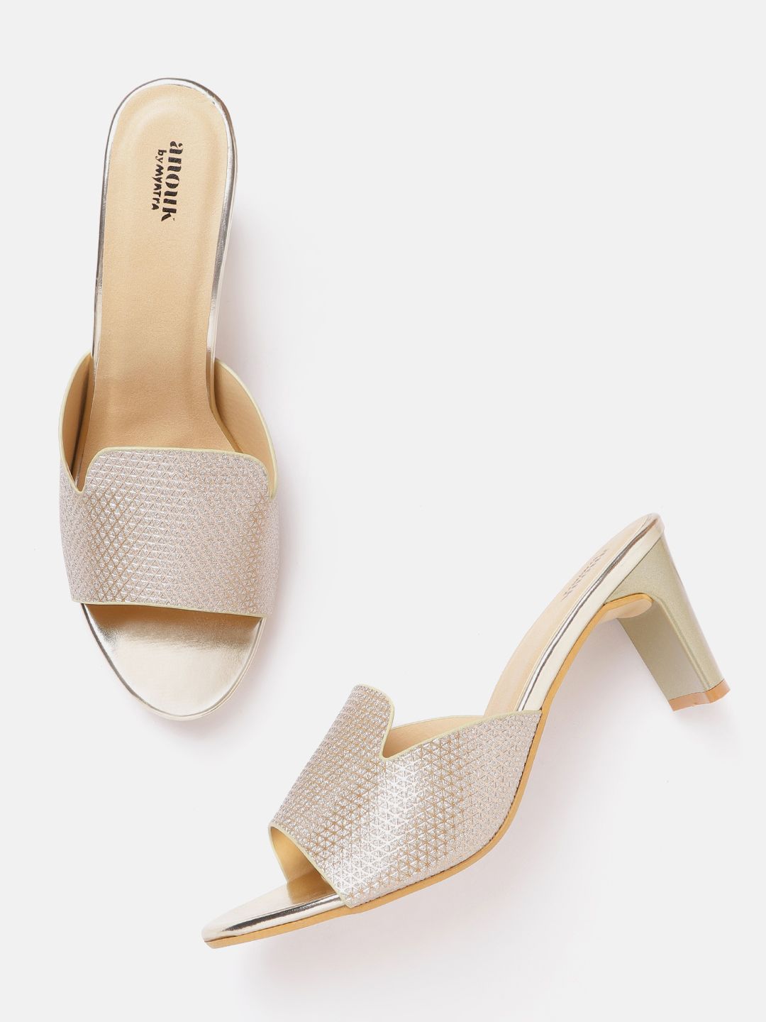 Anouk Muted Gold-Toned Shimmery Textured Party Open-Toe Block Heels Price in India
