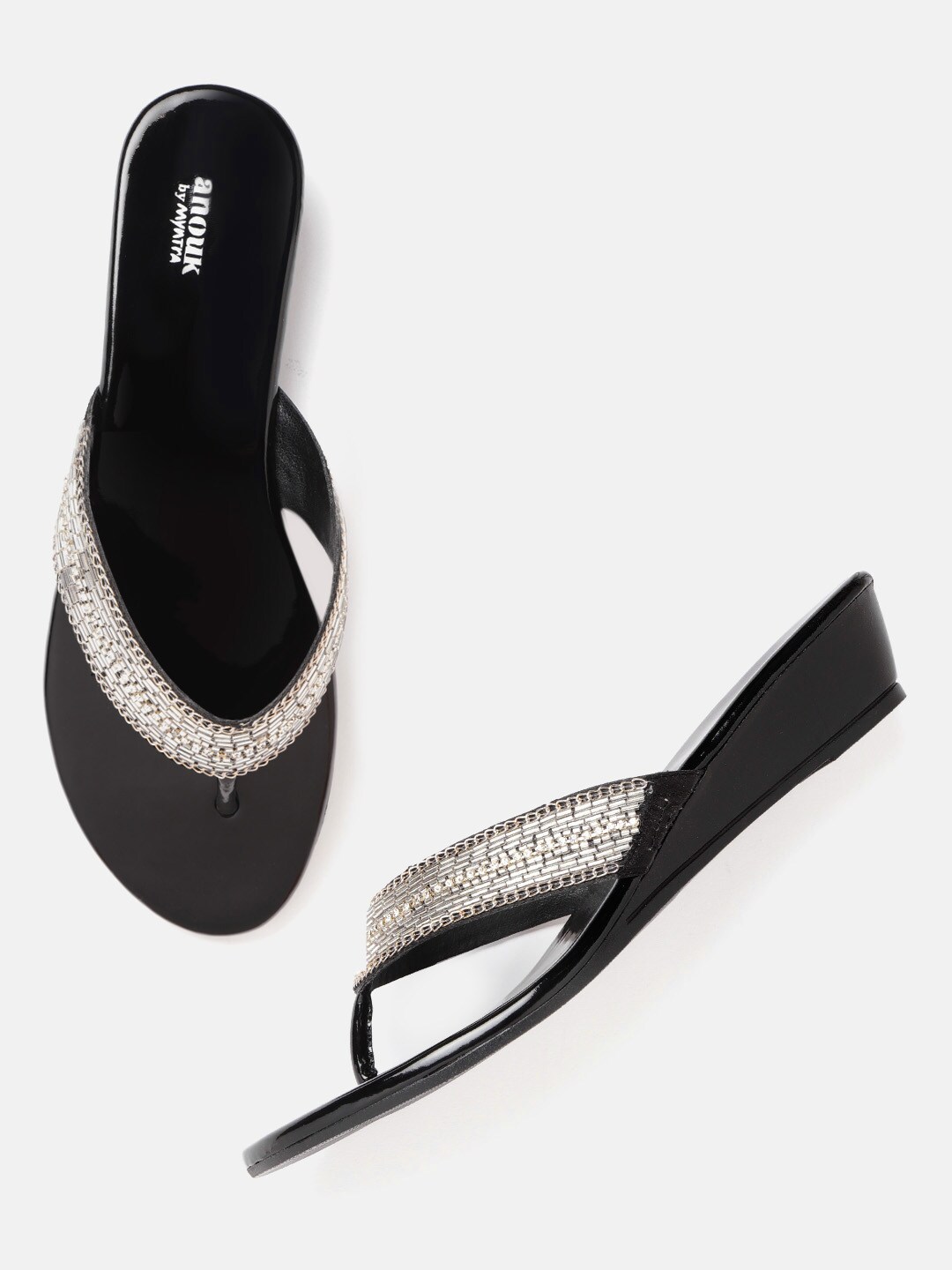 Anouk Black & Silver-Toned Embellished Wedges Price in India