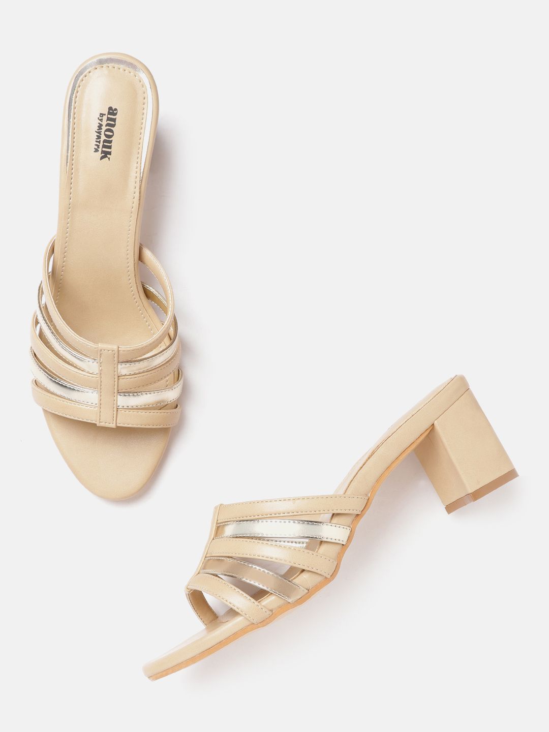 Anouk Gold-Toned & Beige Strappy Block Heels Price in India
