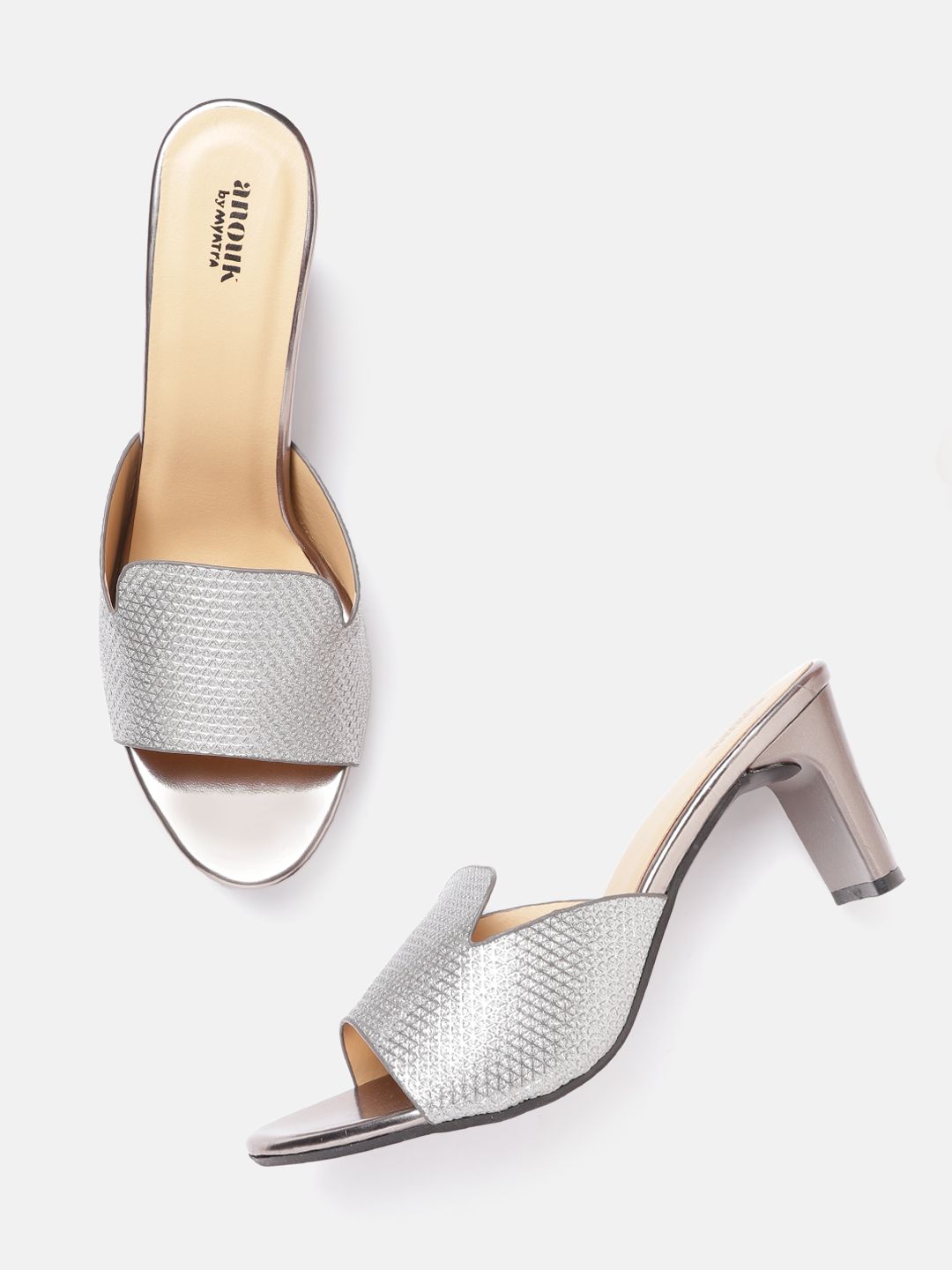 Anouk Silver-Toned Shimmery Textured Party Open-Toe Block Heels Price in India