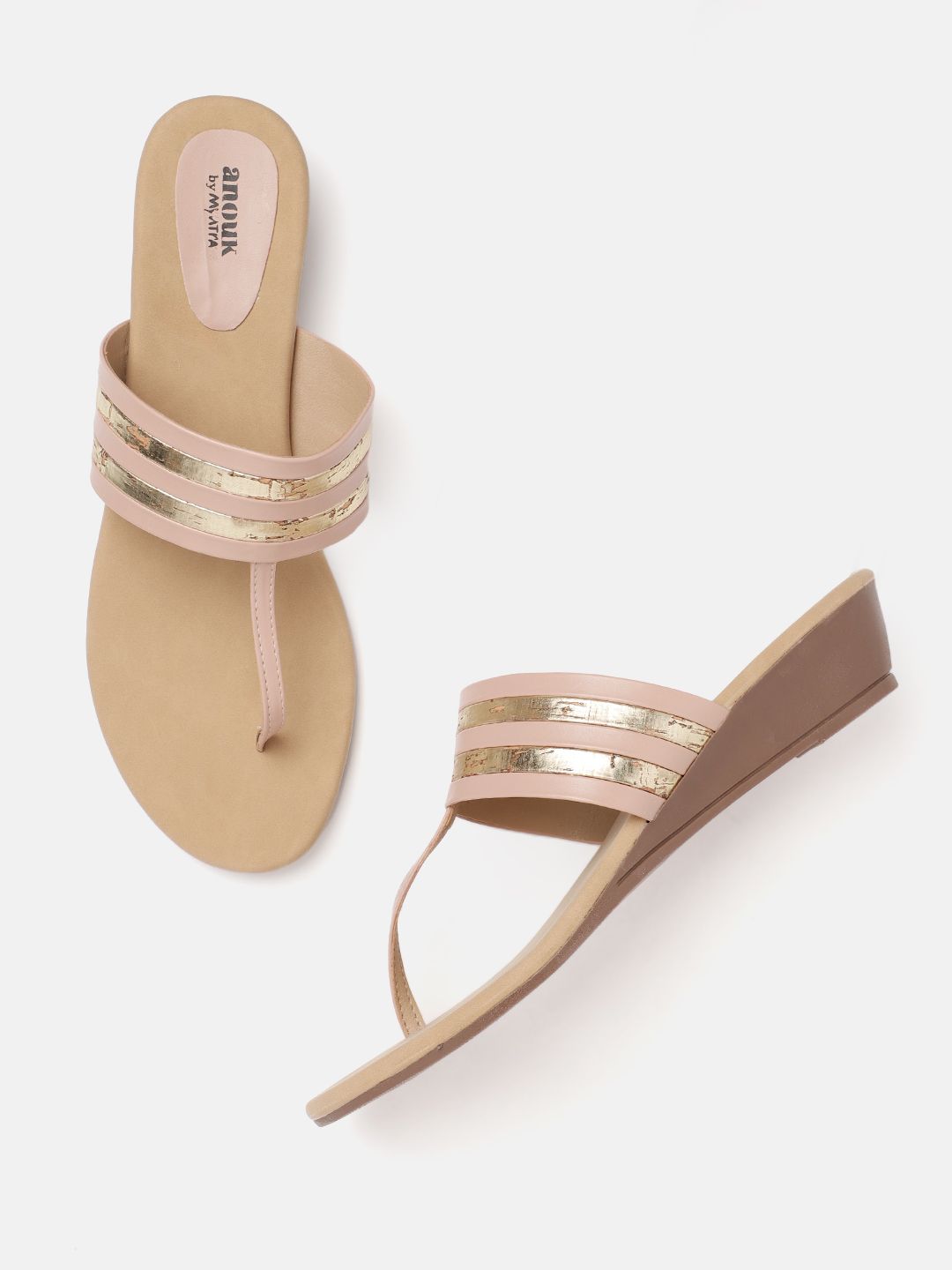 Anouk Pink & Gold-Toned Striped Wedges Price in India