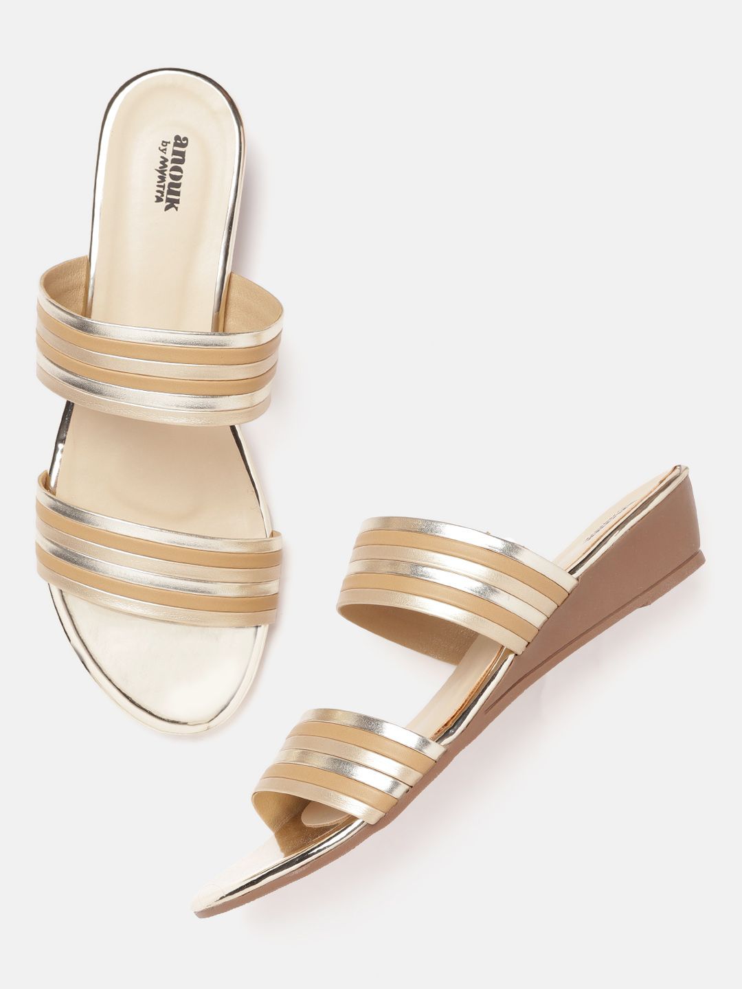 Anouk Beige & Gold-Toned Striped Wedge Sandals Price in India