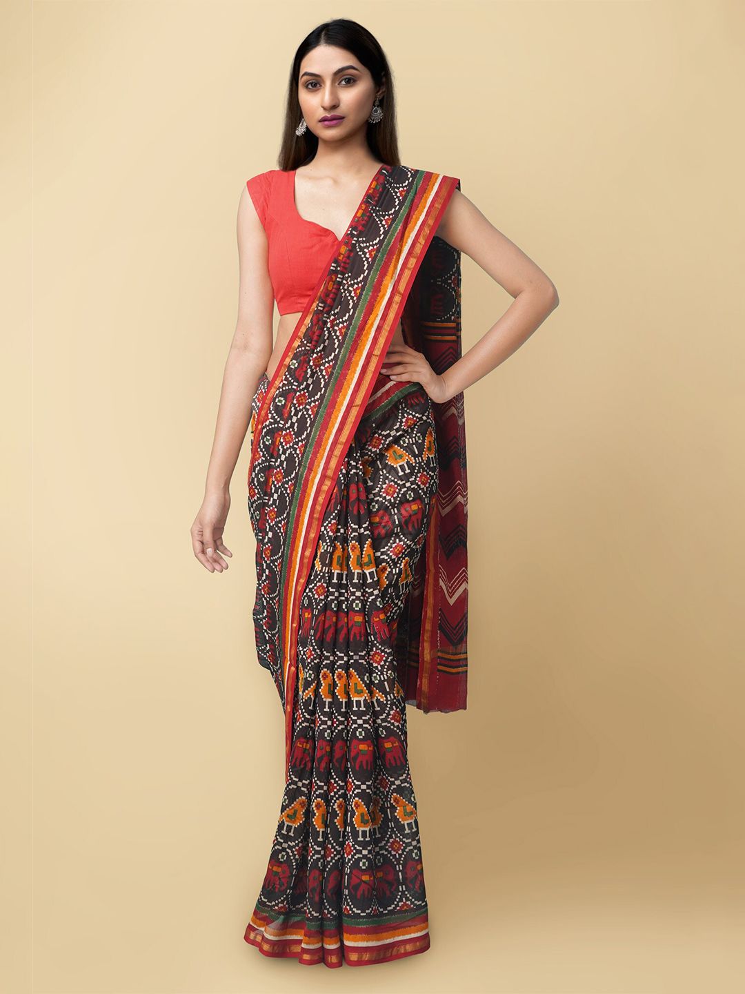 Unnati Silks Black & Red Ethnic Motifs Silk Cotton Chanderi Saree