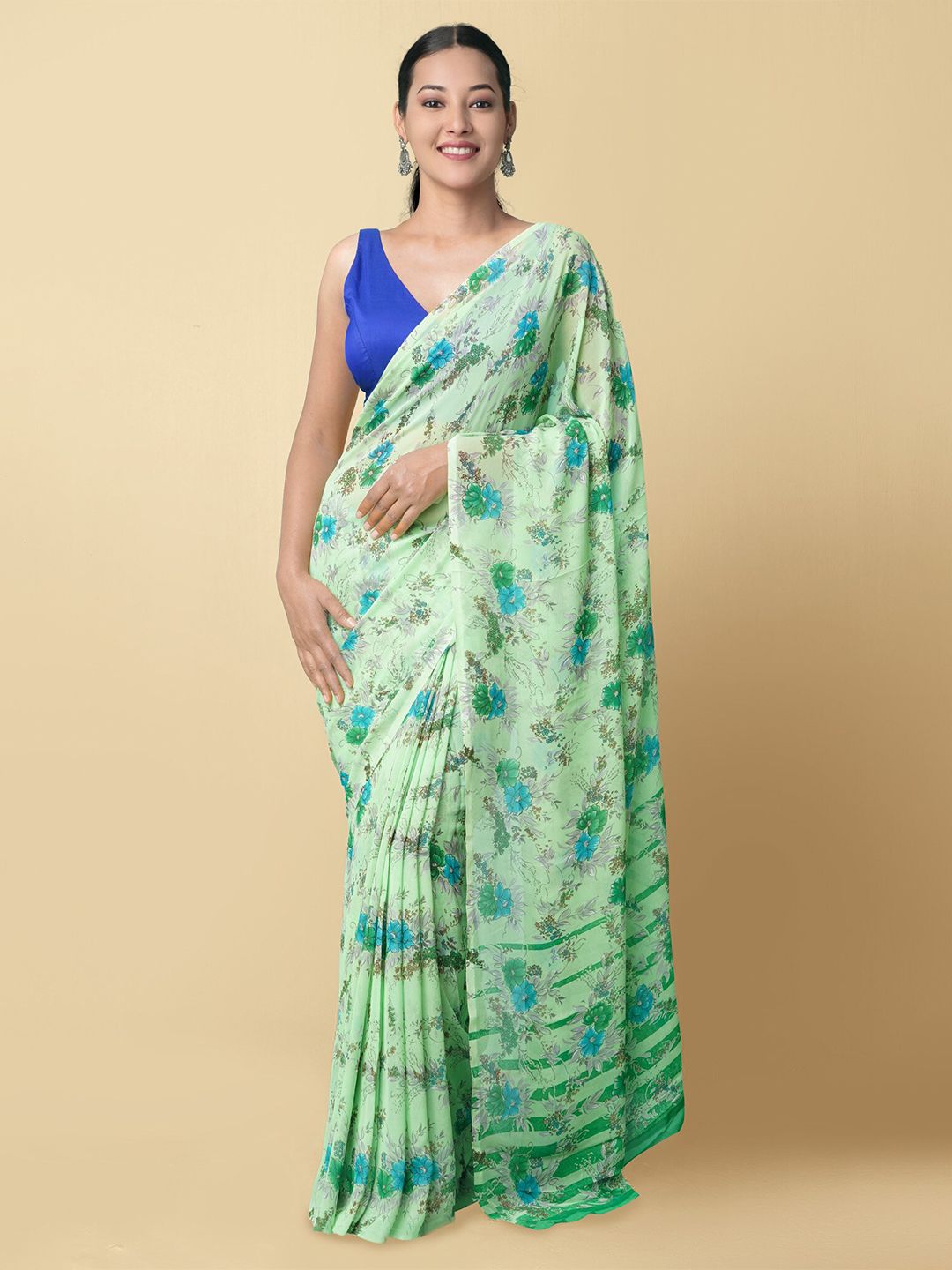 Unnati Silks Green & Blue Floral Poly Chiffon Patola Saree