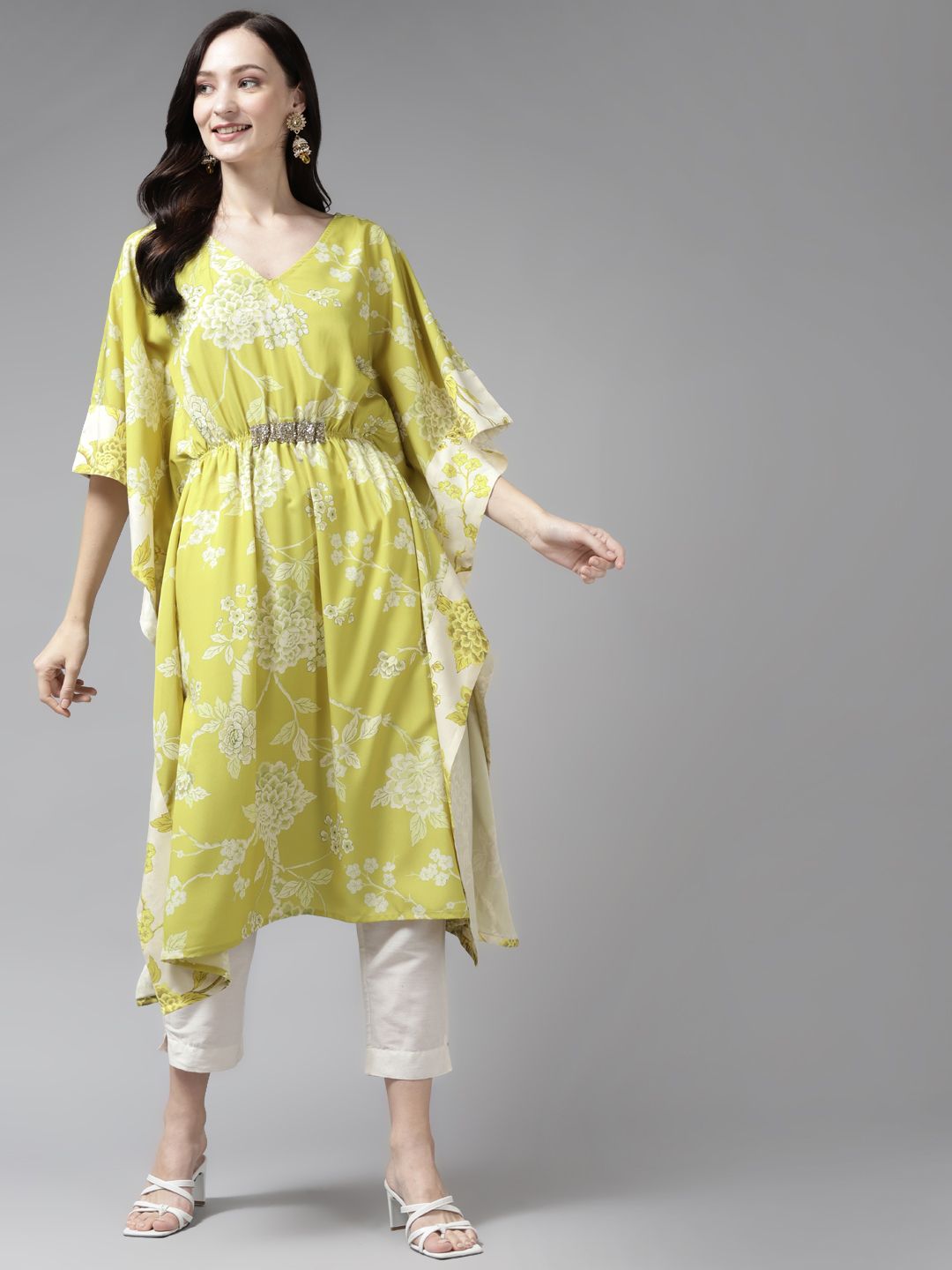 Ahalyaa Women Lime Green & Off White Floral Printed Flared Sleeves Floral Kaftan Kurta Price in India
