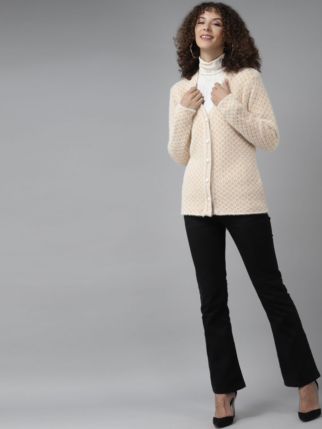 Cayman Women Cream-Coloured & Golden Self Design Woollen Cardigan with Fuzzy Detail Price in India