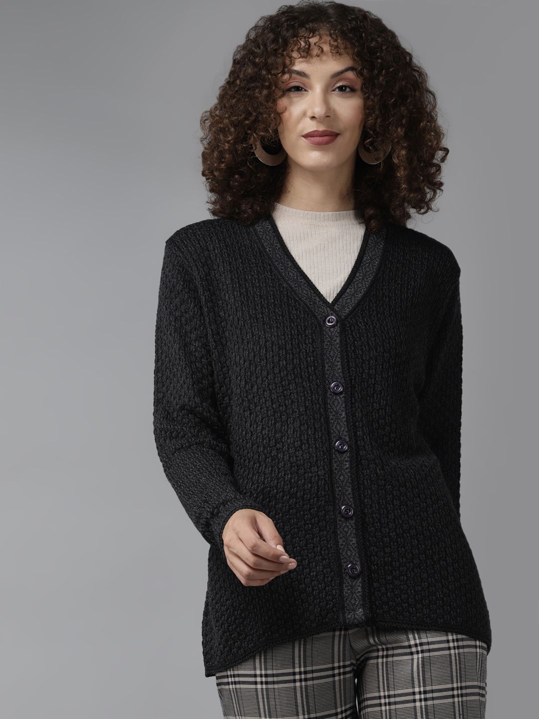 Cayman Women Charcoal Grey Self Design Woollen Cardigan Price in India