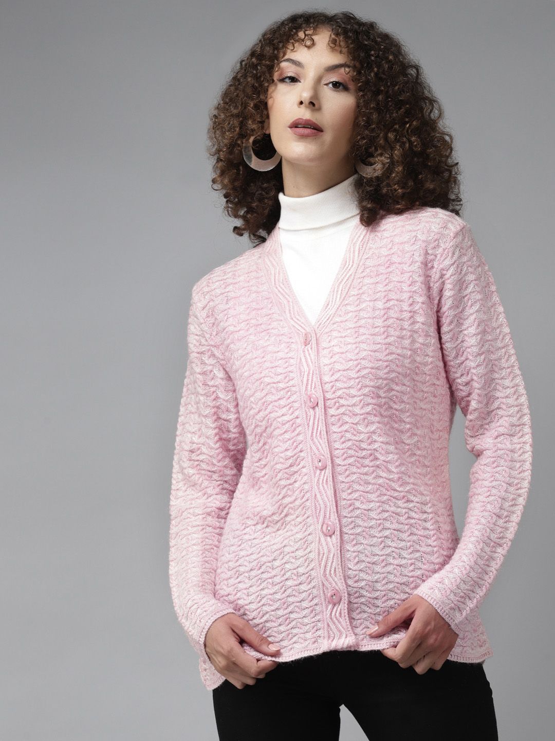 Cayman Women Pink Self Design Woollen Cardigan Price in India