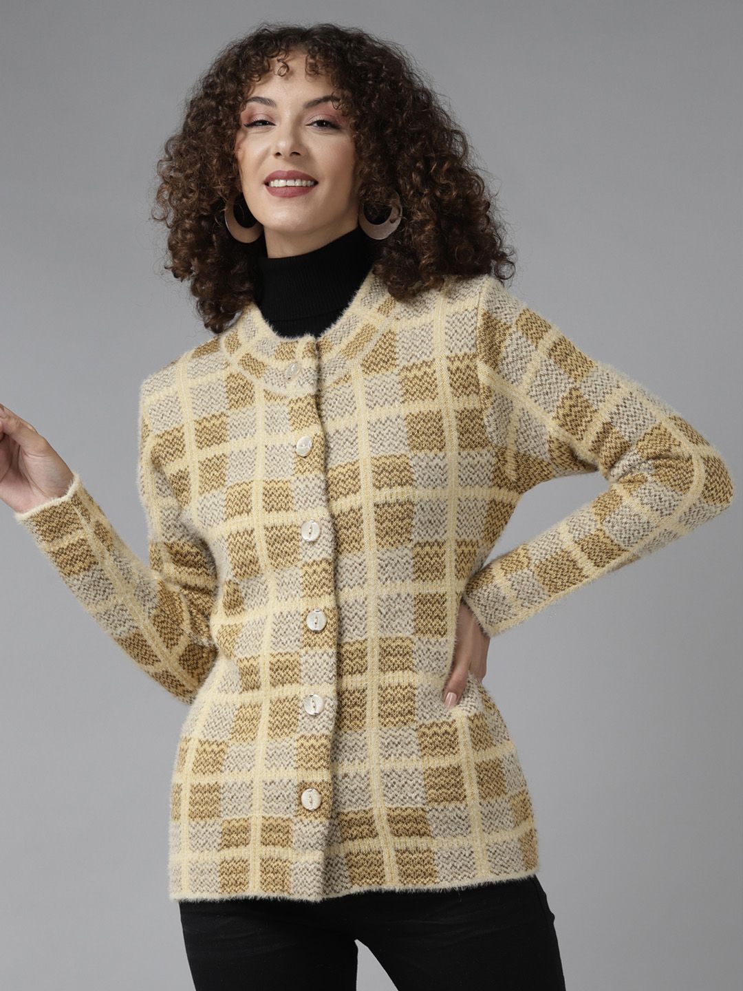 Cayman Women Mustard Yellow & Off-White Checked Woollen Cardigan Price in India