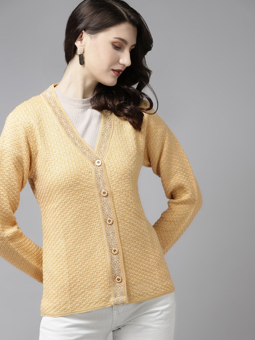 Cayman Women Yellow Self Design Woollen Cardigan Price in India