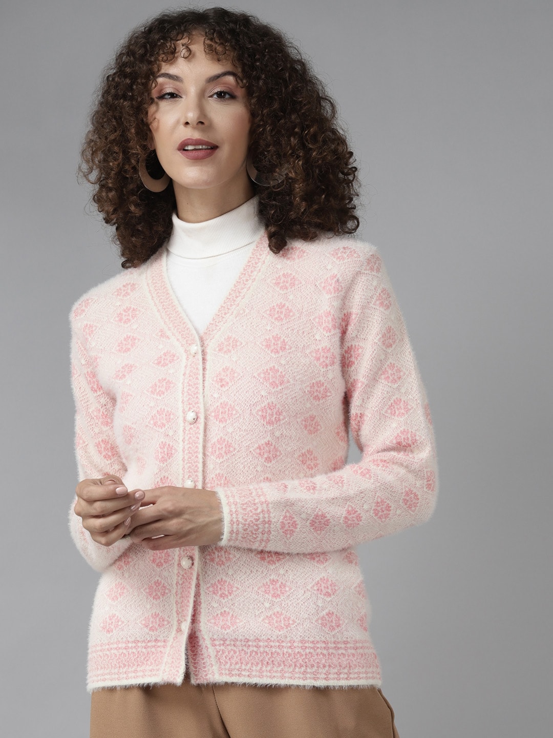 Cayman Women Pink & Off White Fuzzy Self Design Woollen Cardigan Price in India
