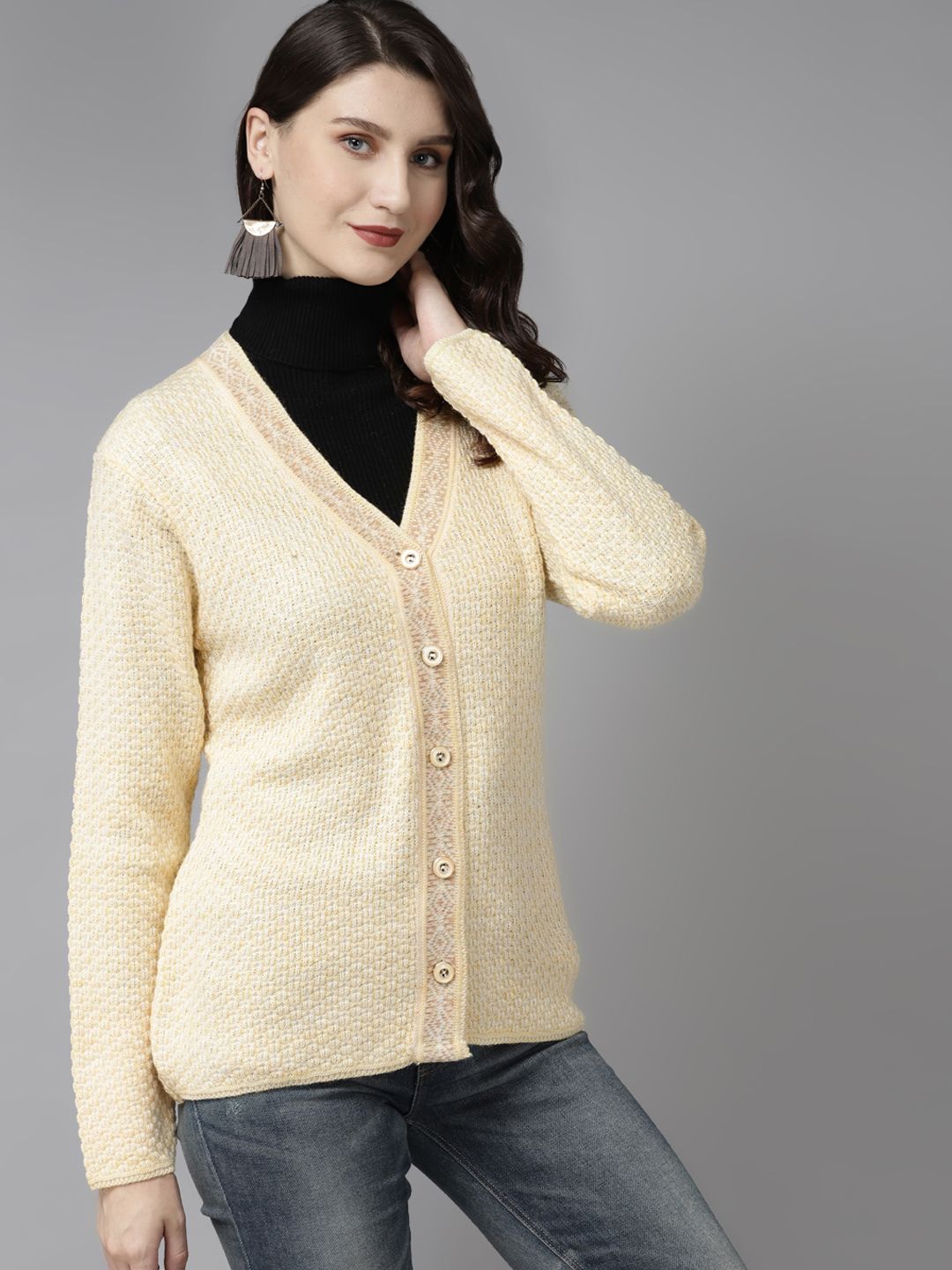 Cayman Women Cream-Coloured Woven Design Cardigan Price in India