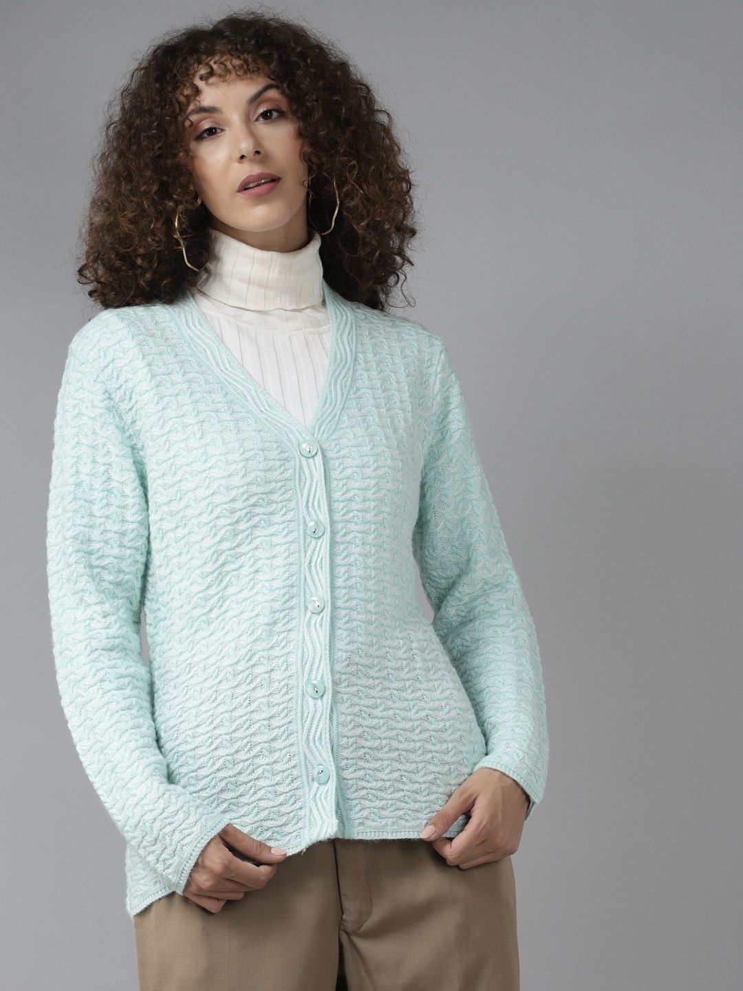 Cayman Women Sea Green Self-Design Pure Wool Cardigan Price in India