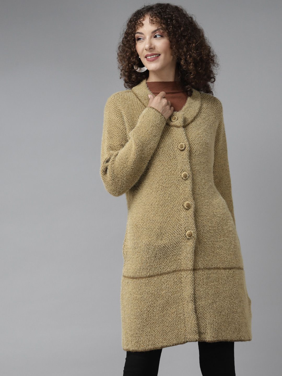 Cayman Women Mustard Yellow Self Design Fuzzy Woollen Longline Cardigan Price in India