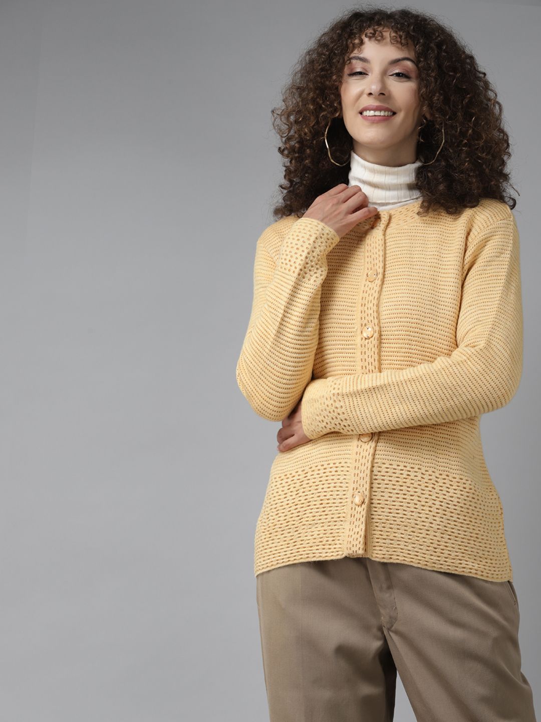 Cayman Women Yellow Self-Design Pure Wool Cardigan Price in India