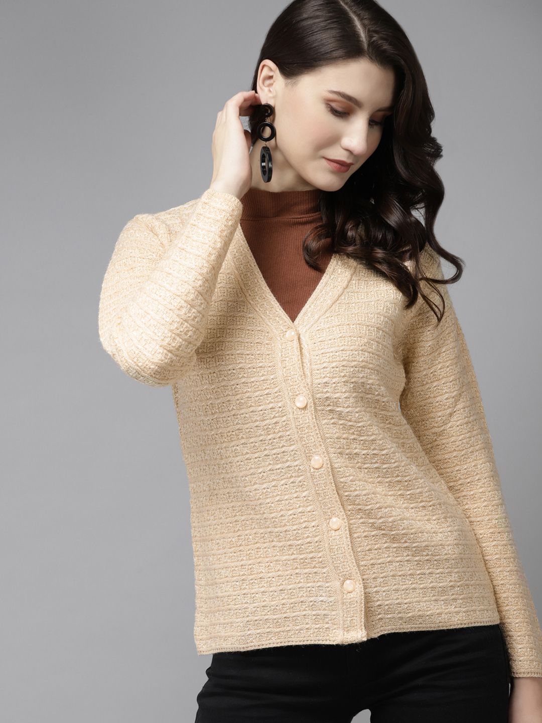 Cayman Women Beige Self Design Woollen Cardigan Price in India