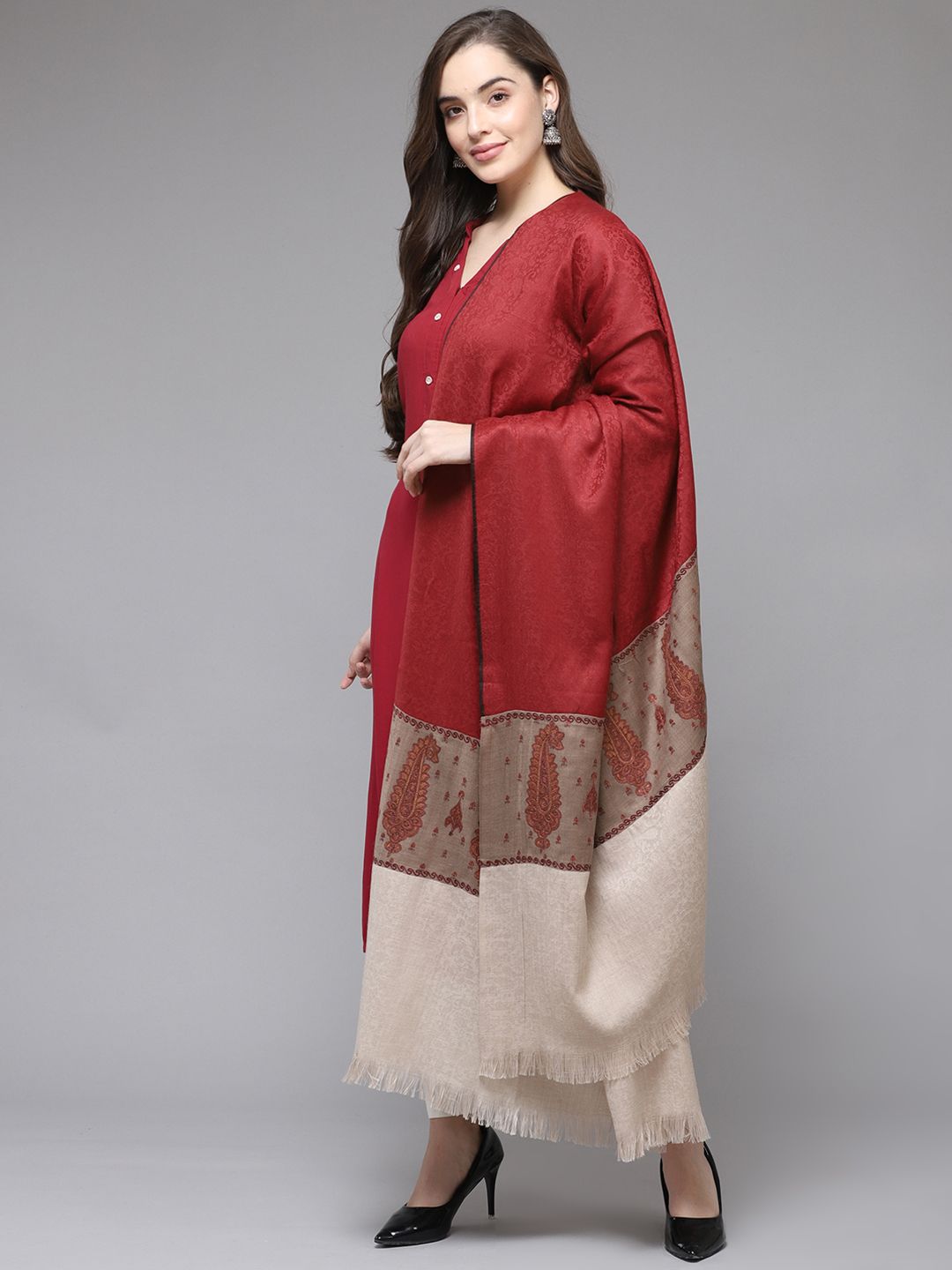 Cayman Women Red & Beige Woollen Woven Design Shawl Price in India