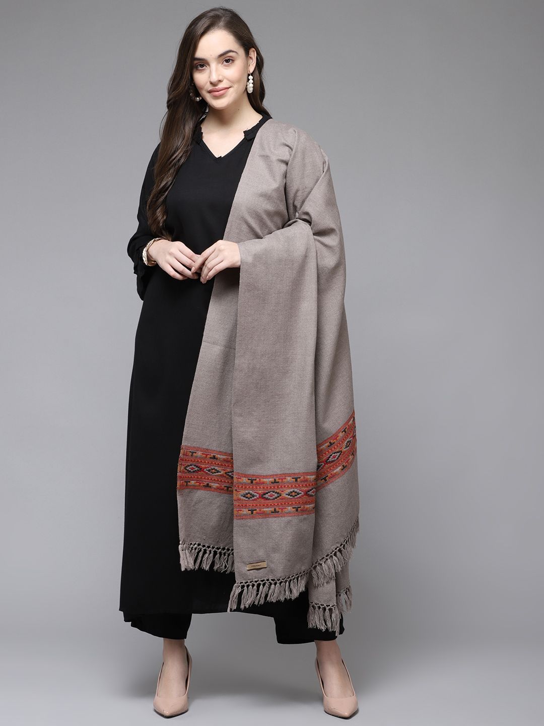 Cayman Women Grey & Brown Woollen Woven Design Shawl Price in India