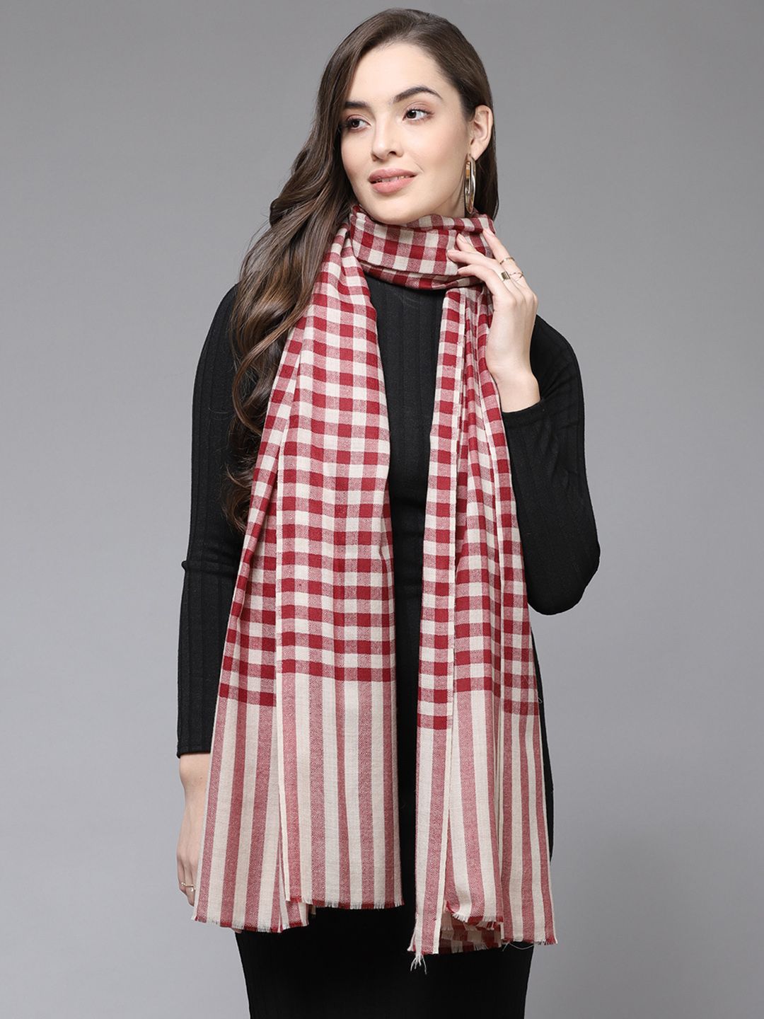 Cayman Women Red & Beige Checked Shawl Price in India