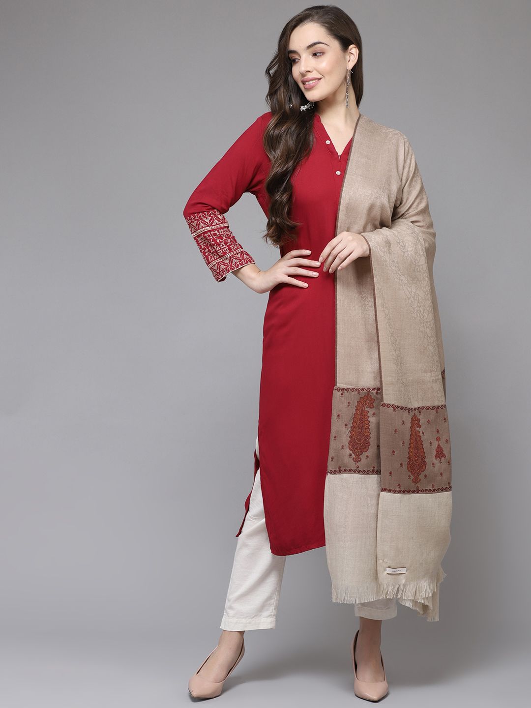 Cayman Women Beige & Red Woollen Woven Design Shawl Price in India