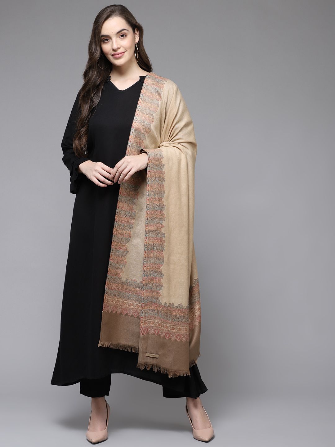 Cayman Women Beige & Brown Woollen Woven Design Shawl Price in India
