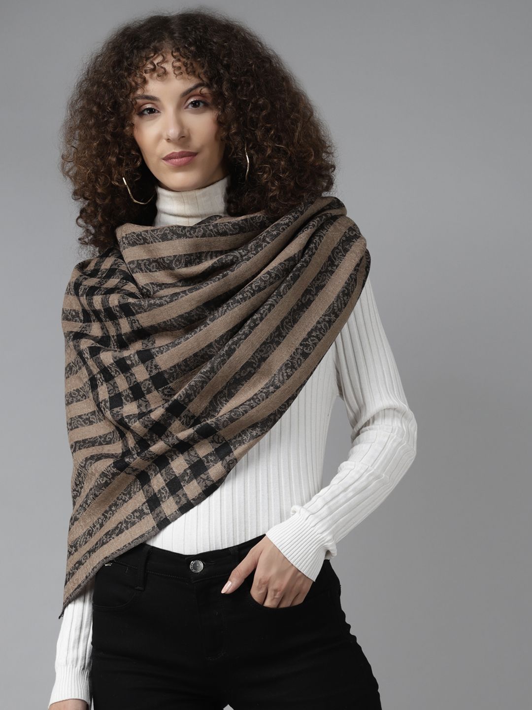 Cayman Women Black & Taupe Striped Stole Price in India