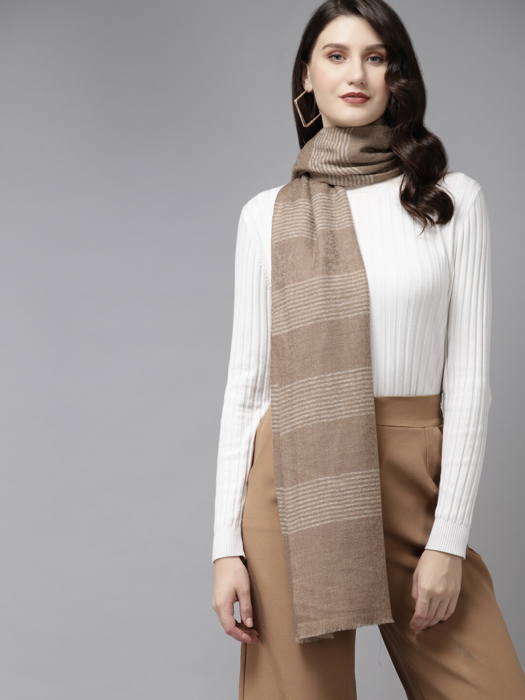 Cayman Women Taupe & Beige Striped Stole Price in India