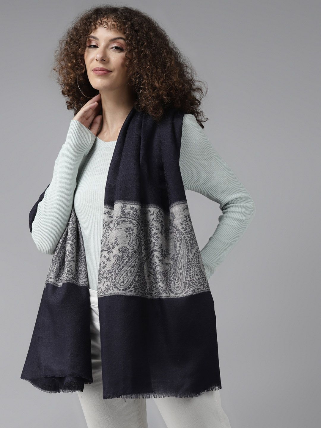 Cayman Women Navy Blue & Grey Woven Design Stole Price in India