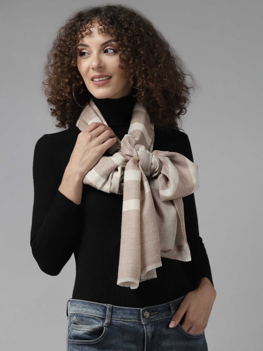 Cayman Women Beige & Taupe Striped Stole Price in India