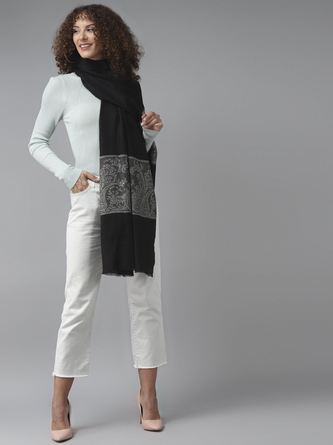 Cayman Women Black & Grey Woven Design Stole Price in India