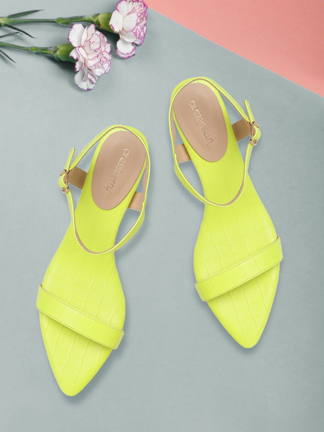 DressBerry Fluorescent Green Croc Textured Slim Heels Price in India