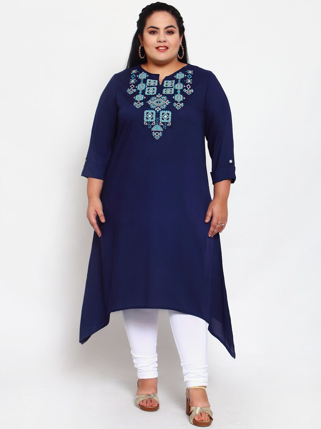 plusS Women Navy Blue Embroidered Thread Work Kurta Price in India