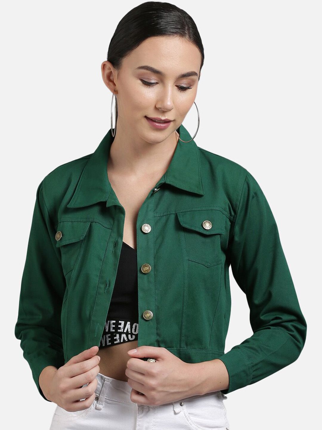 FurryFlair Women Green Crop Denim Jacket Price in India