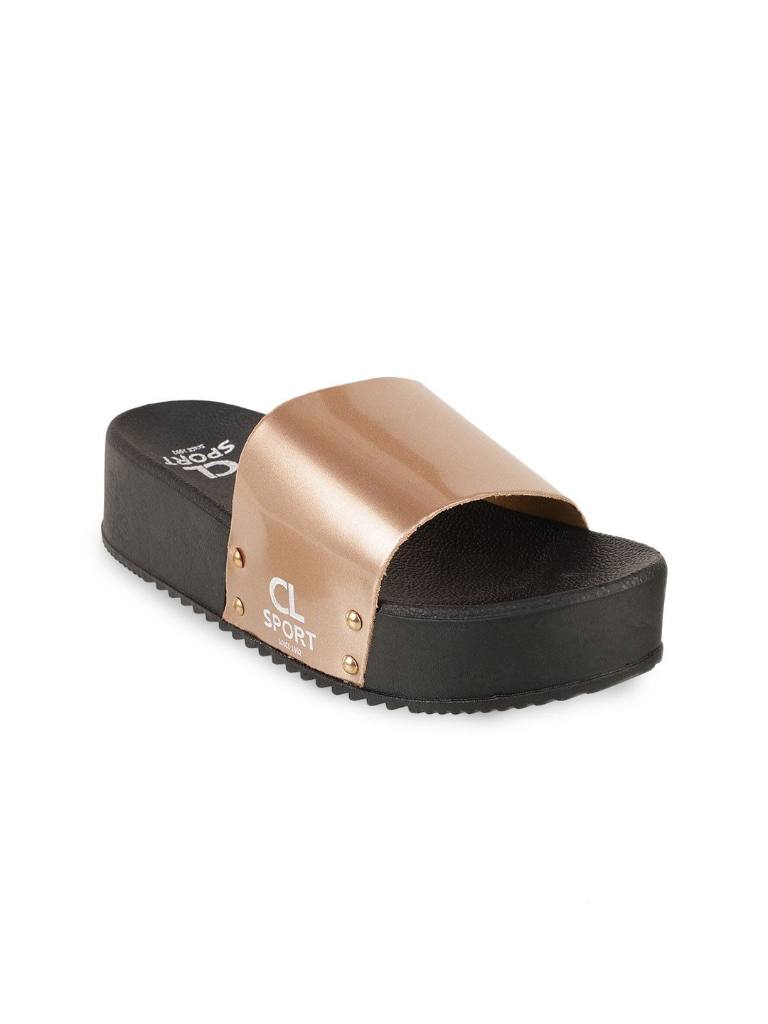 Carlton London sports Women Gold-Toned & Black Rubber Sliders Price in India