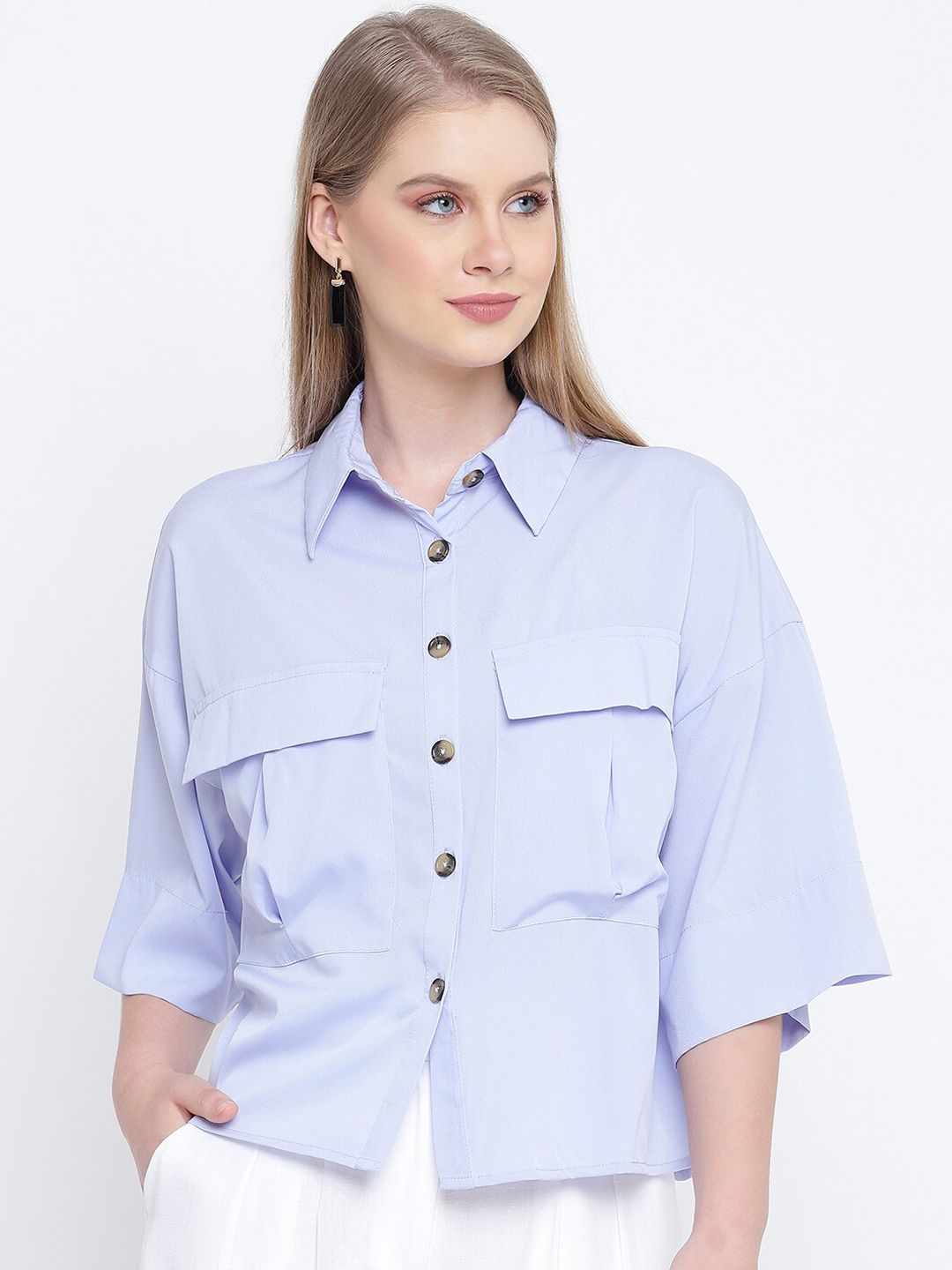 Oxolloxo Women Blue Boxy Opaque Casual Shirt