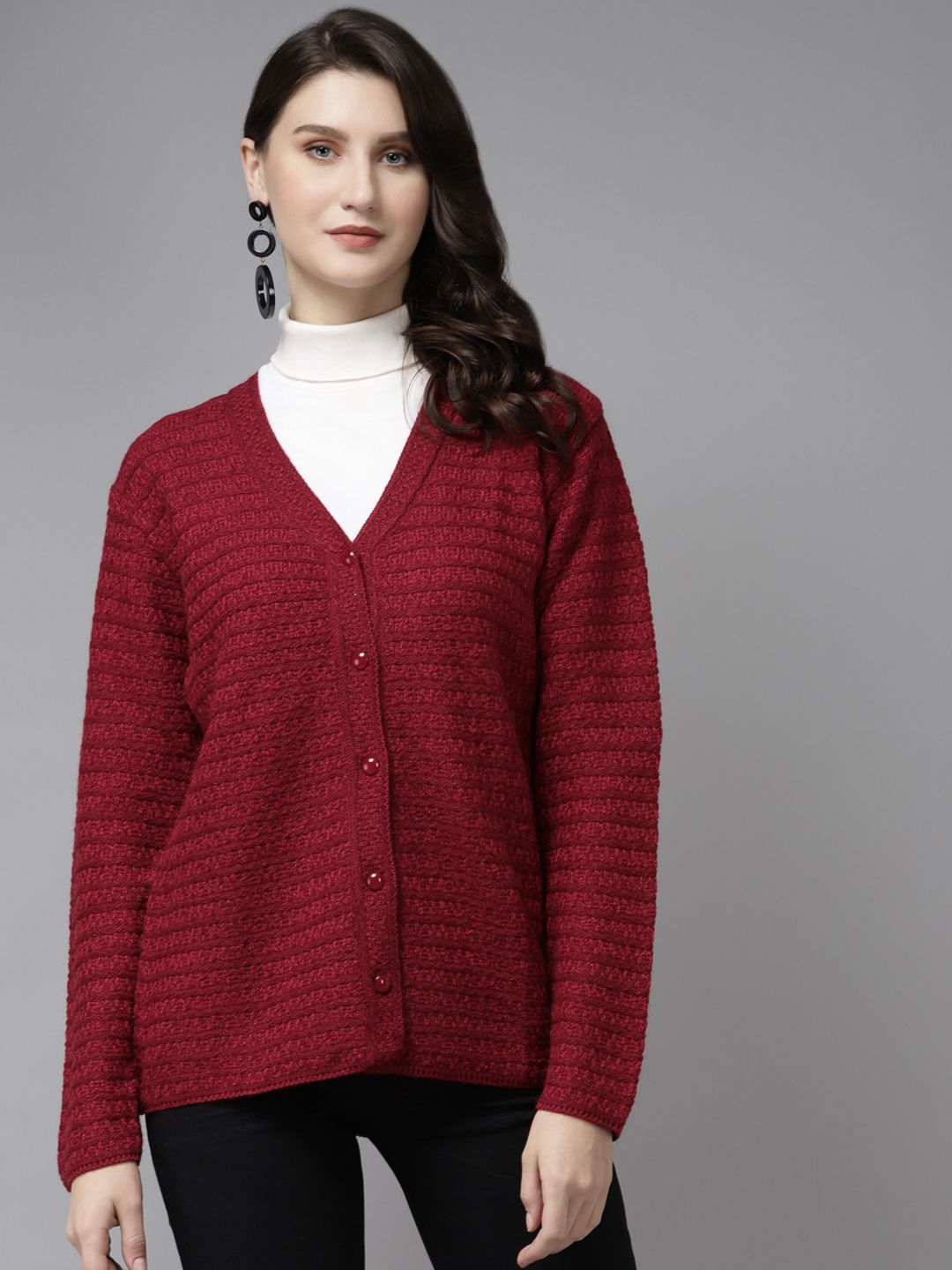 Cayman Women Maroon Self Striped Cardigan Price in India