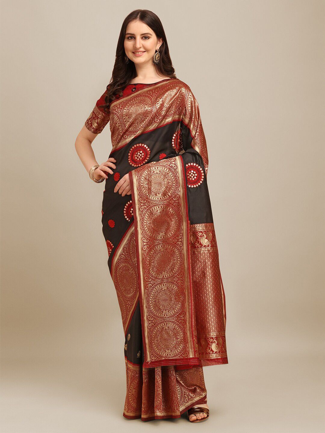 Mitera Black & Red Ethnic Motifs Kutchi Embroidered Zari Banarasi Jacquard Saree