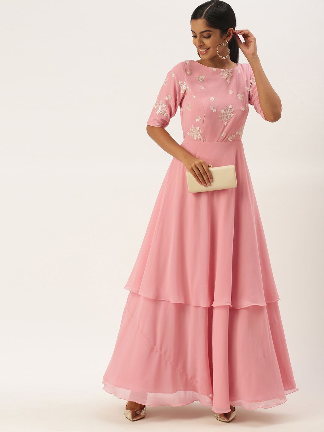 EthnoVogue Pink Floral Georgette Maxi Dress Price in India