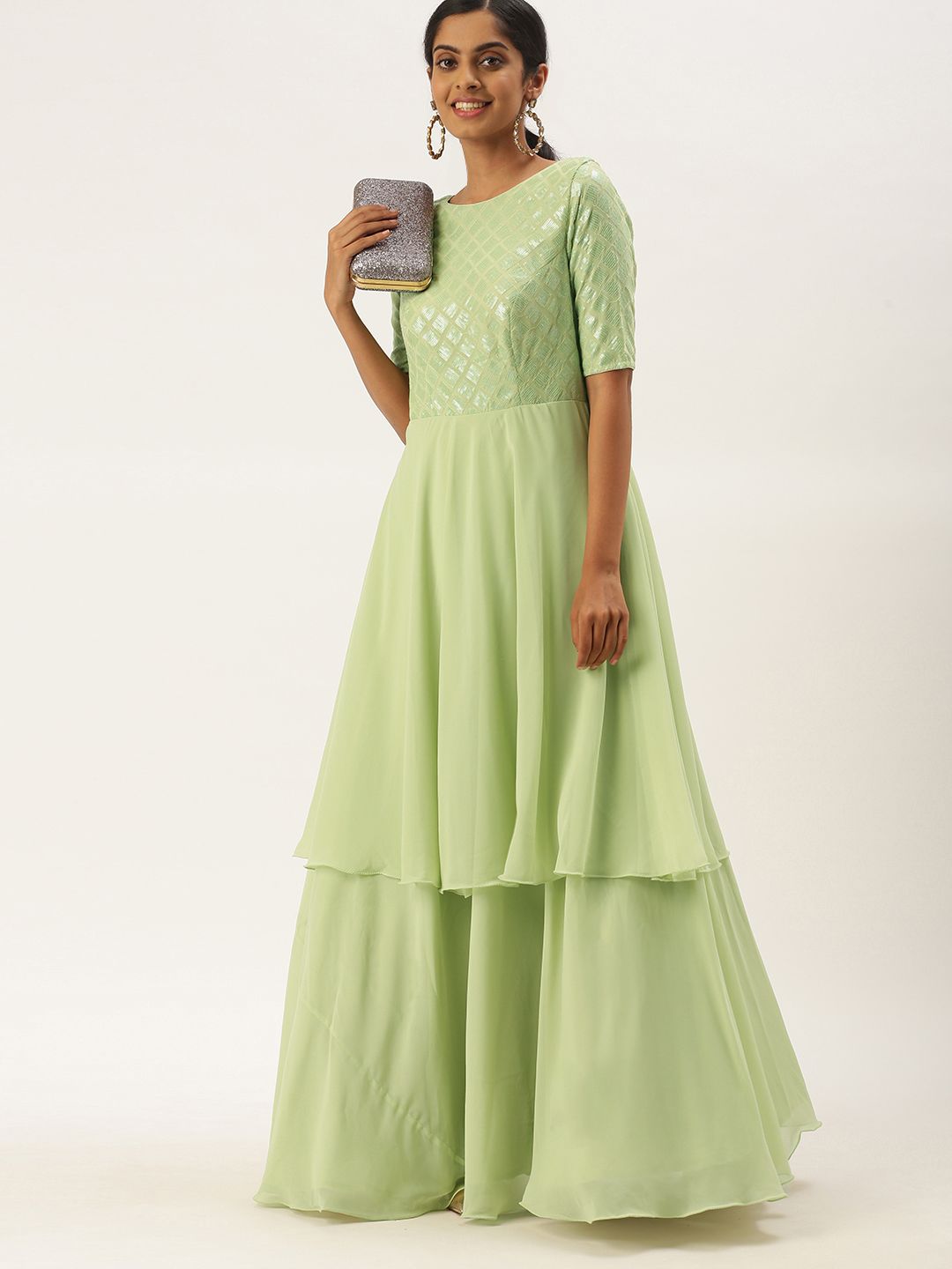 EthnoVogue Green Layered Georgette Maxi Dress Price in India