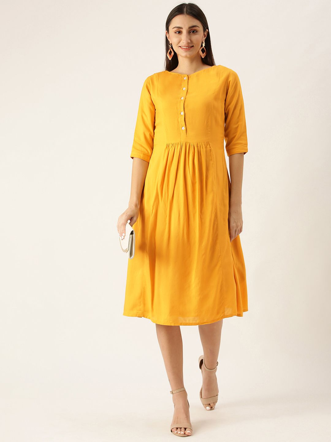 EthnoVogue Mustard Yellow Made To Measure Fit & Flare Dress Price in India