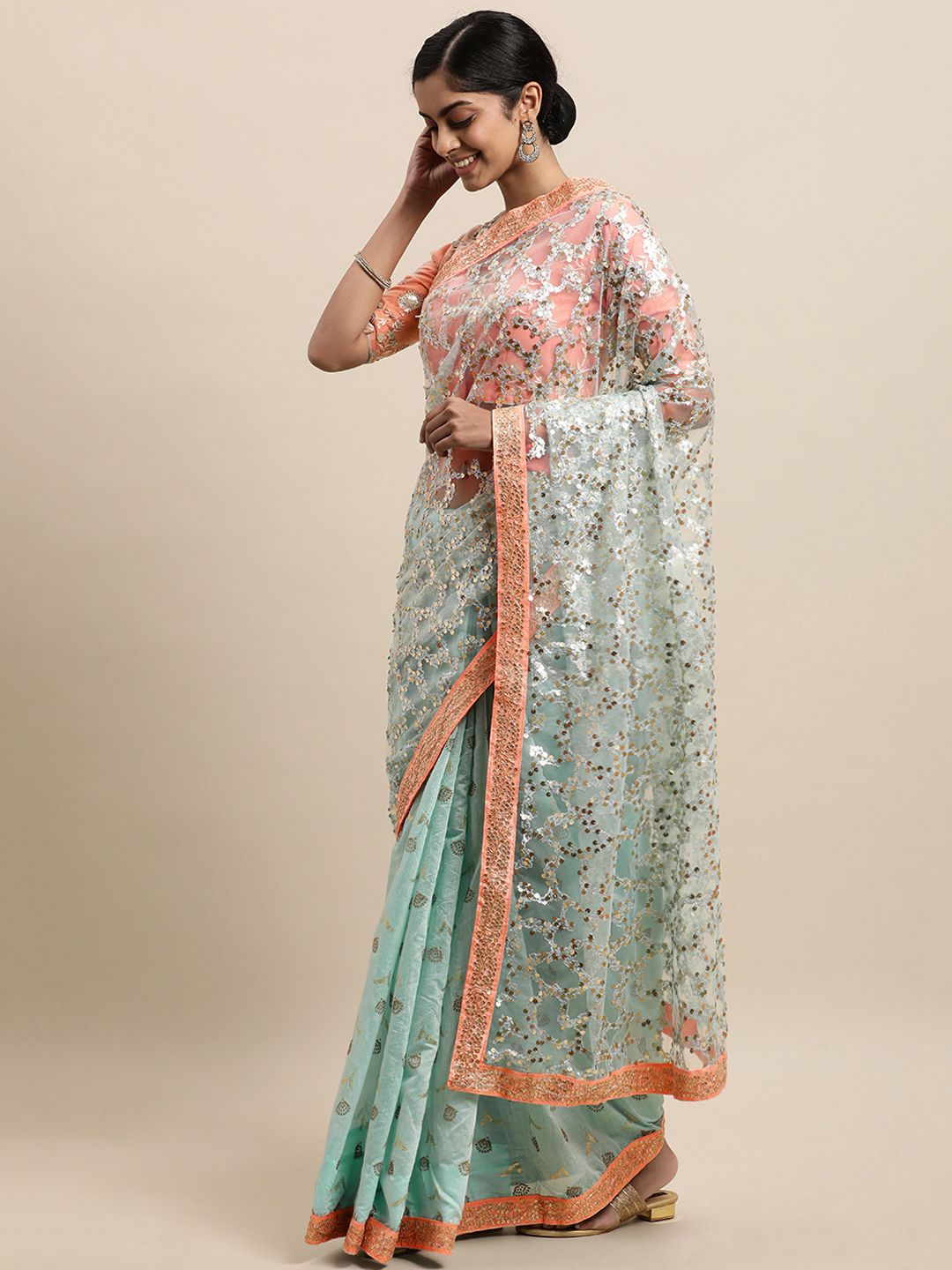 EthnoVogue Mauve & Blue Embellished Saree Price in India