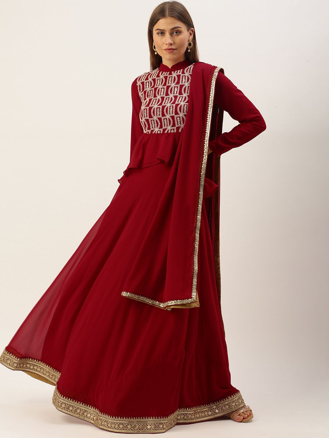 EthnoVogue Maroon Sequinned Made to Measure Lehenga & Blouse With Dupatta Price in India