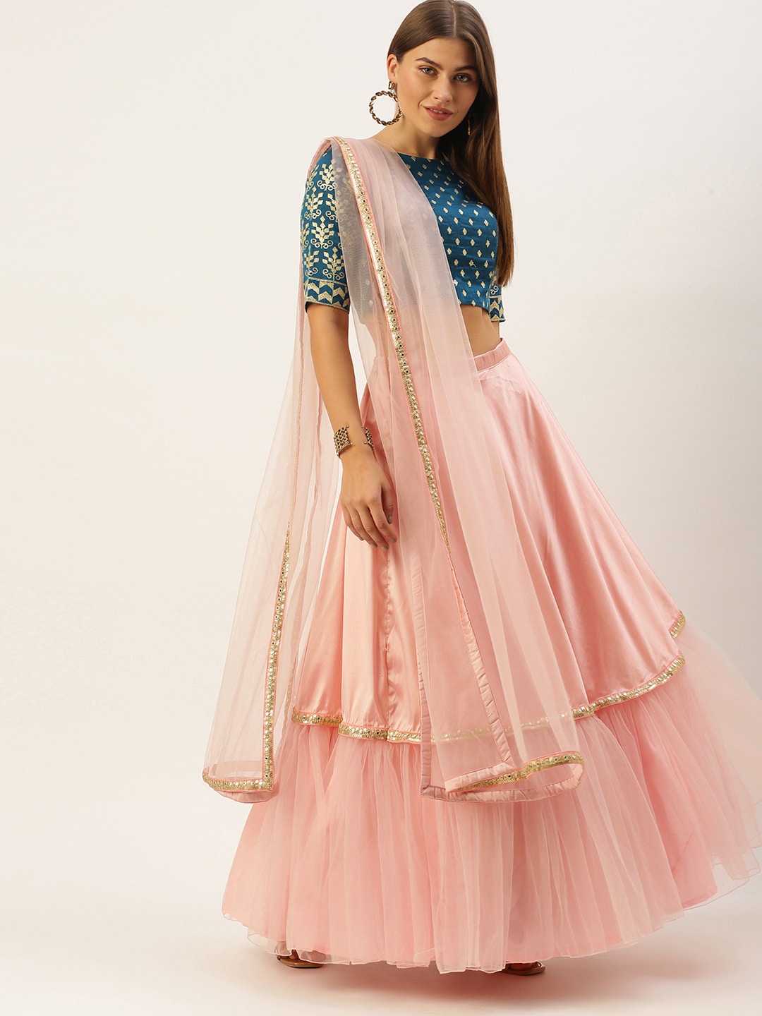 EthnoVogue Blue & Pink Made to Measure Lehenga & Blouse With Dupatta Price in India