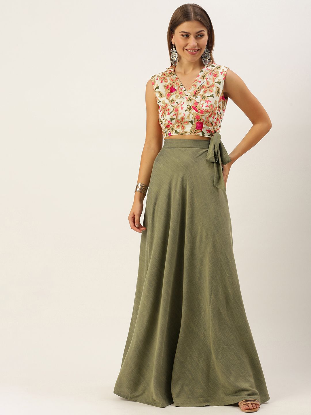 EthnoVogue Off White & Olive Green Printed Made to Measure Lehenga Set