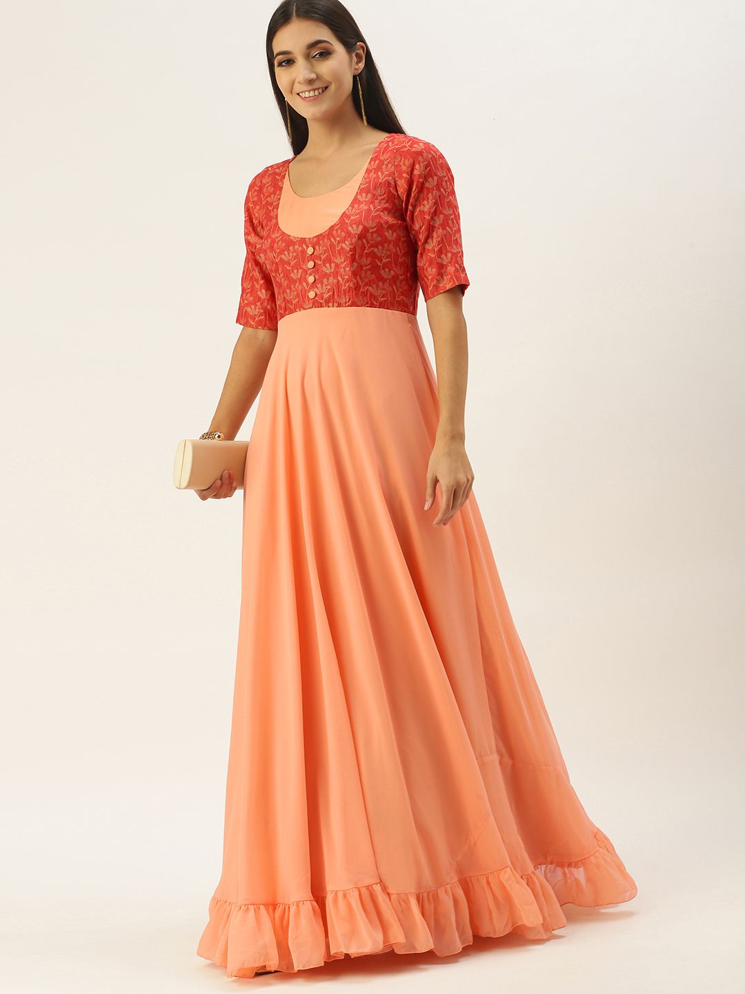 EthnoVogue Peach-Coloured Colourblocked Georgette Maxi Dress Price in India