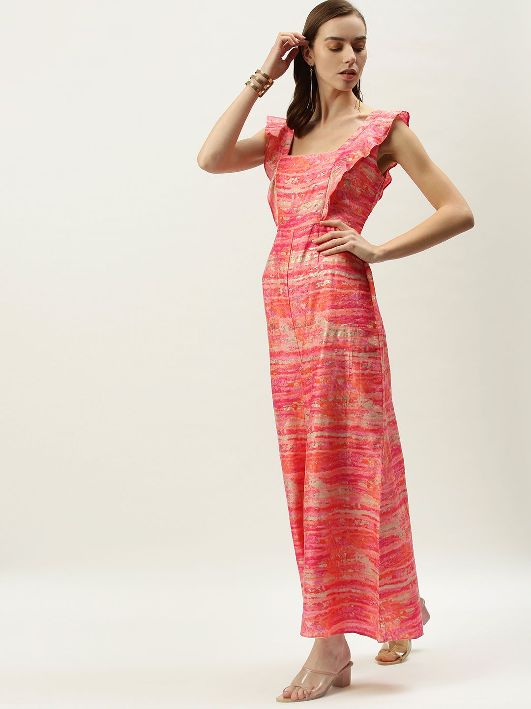 EthnoVogue Coral & Multicoloured Striped Basic Jumpsuit with Ruffles Price in India