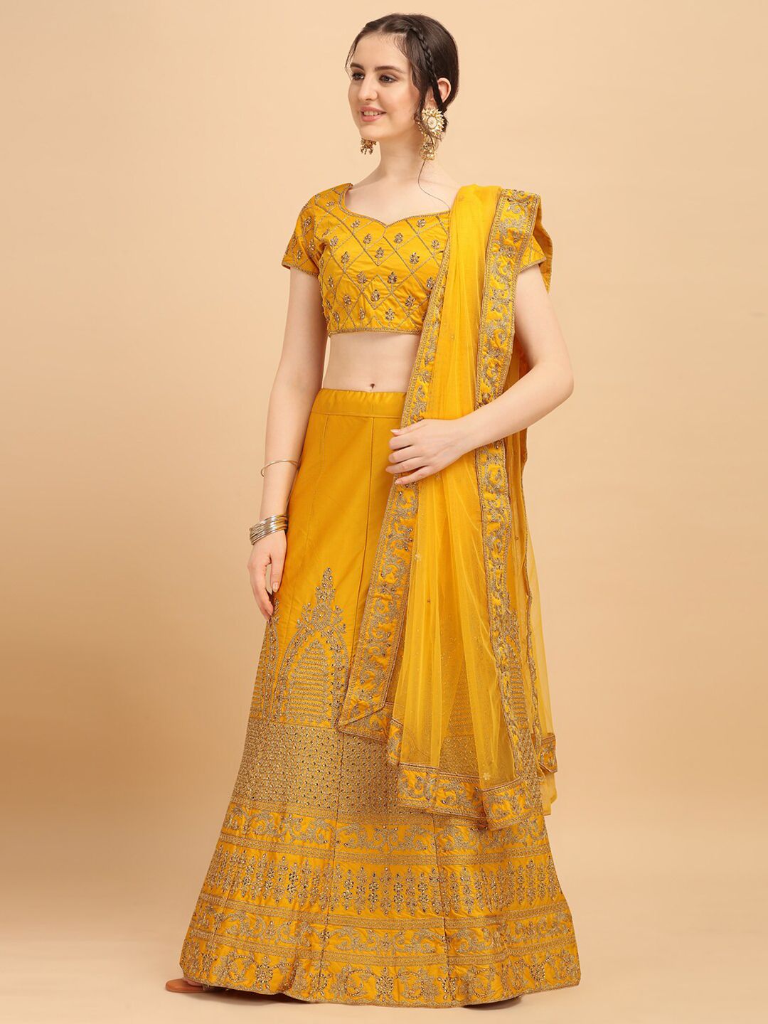 Amrutam Fab Yellow & Gold-Coloured Embroidered Unstitched Lehenga & Blouse With Dupatta Price in India