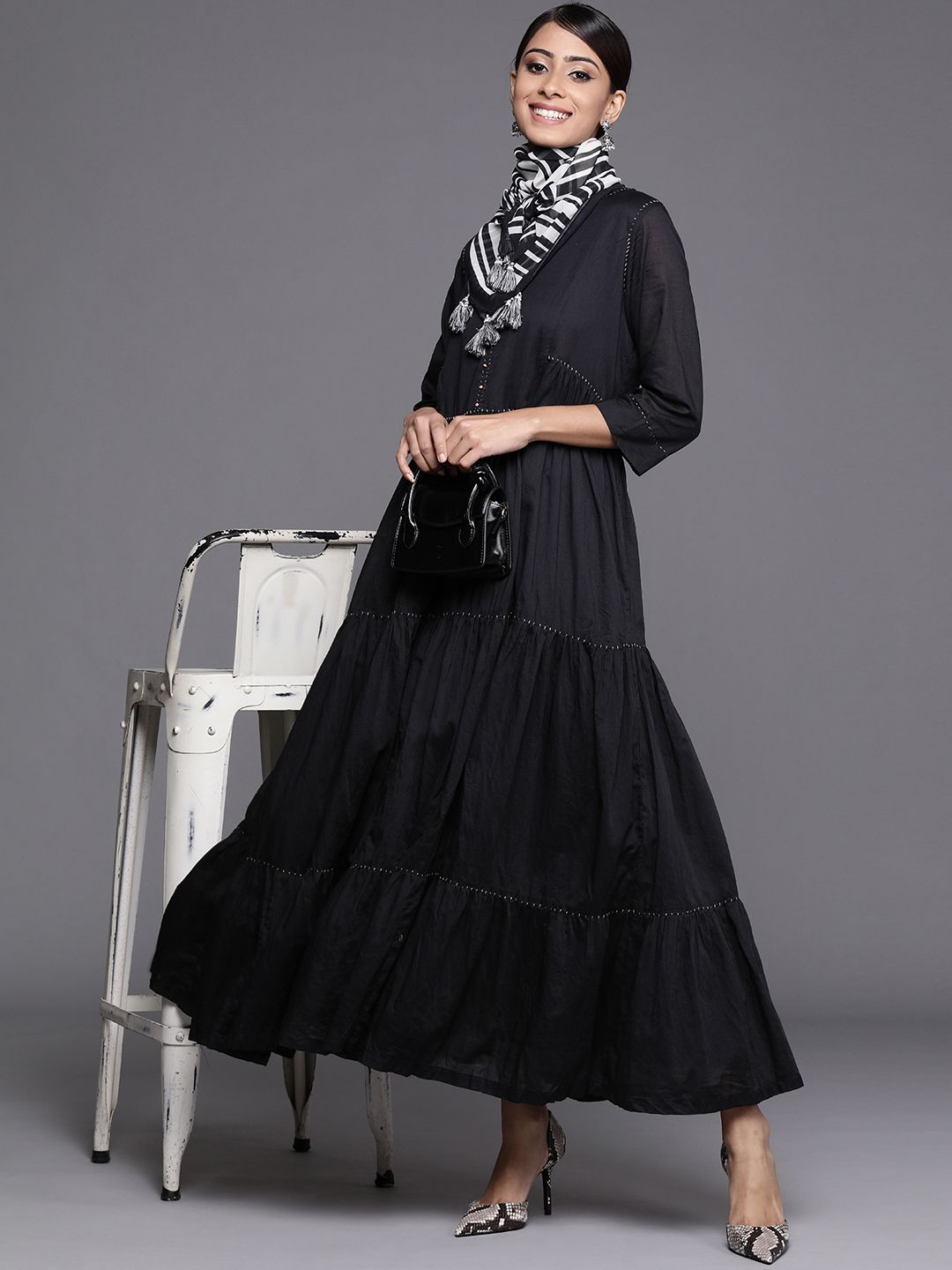 Biba Black Pure Cotton Solid Maxi Dress Comes With A Scarf Price in India