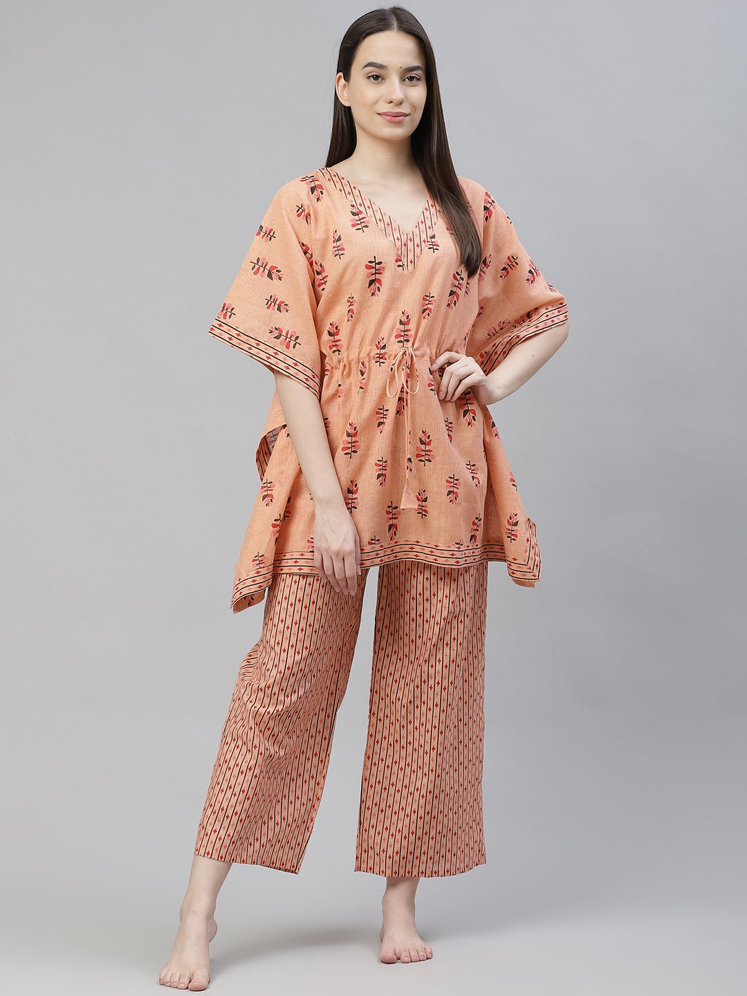 Laado - Pamper Yourself Women Peach-Coloured Printed Cotton Kaftan Night suit Price in India