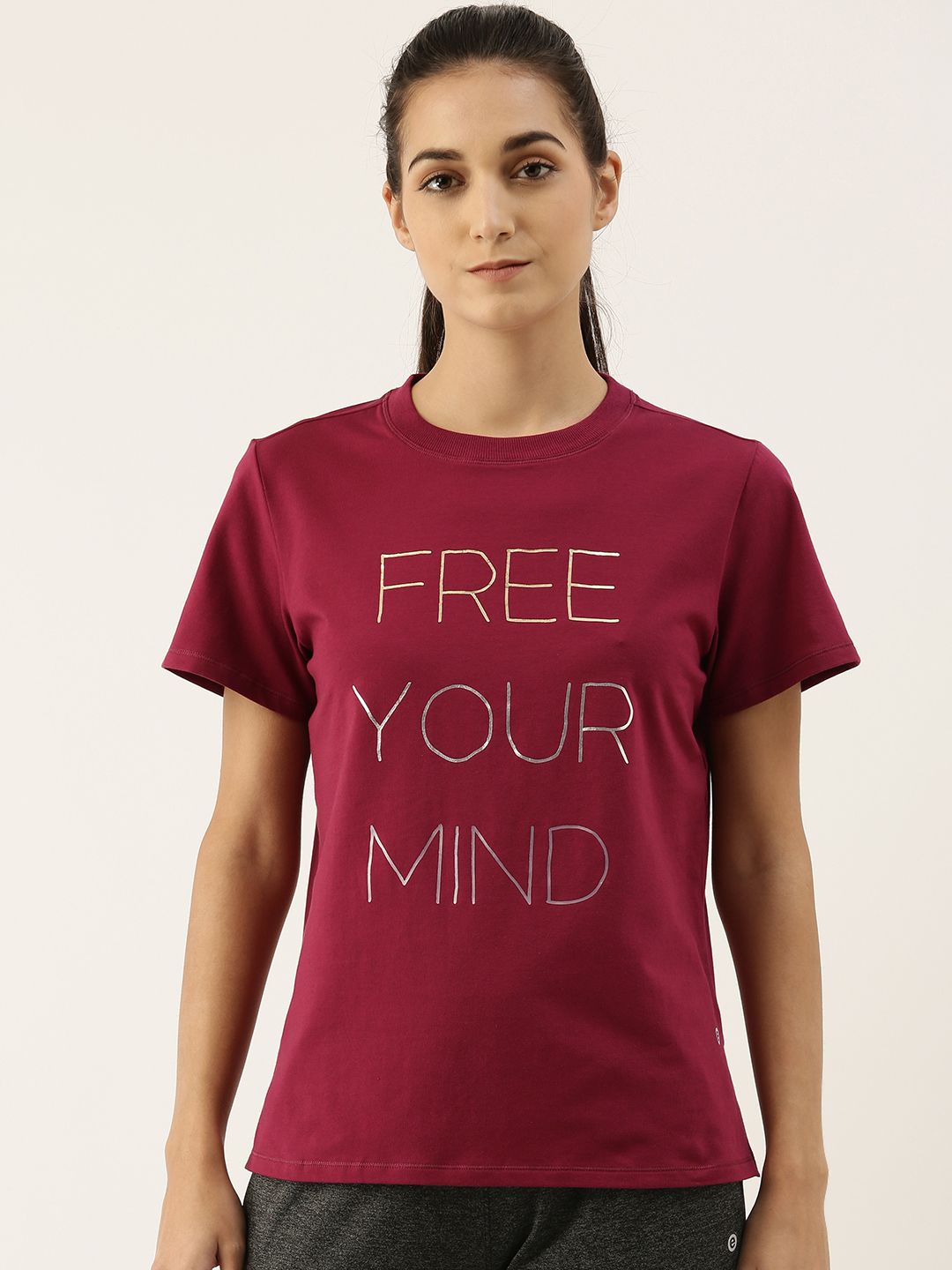 Enamor Women Burgundy Printed Antimicrobial Yoga T-shirt Price in India